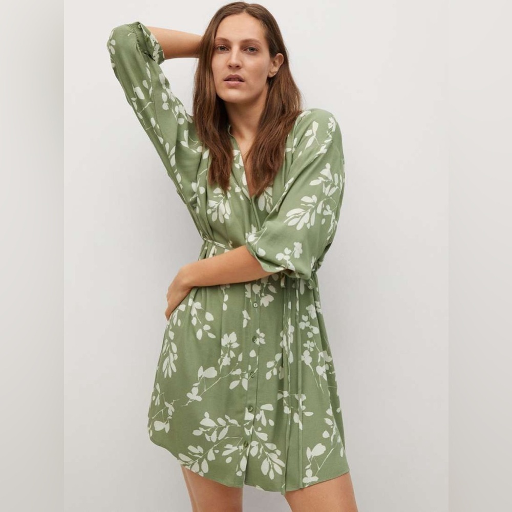Mango Size 8 Green & Off-White Viscose Shirt Belted Dress Long Sleeve Lagenlook